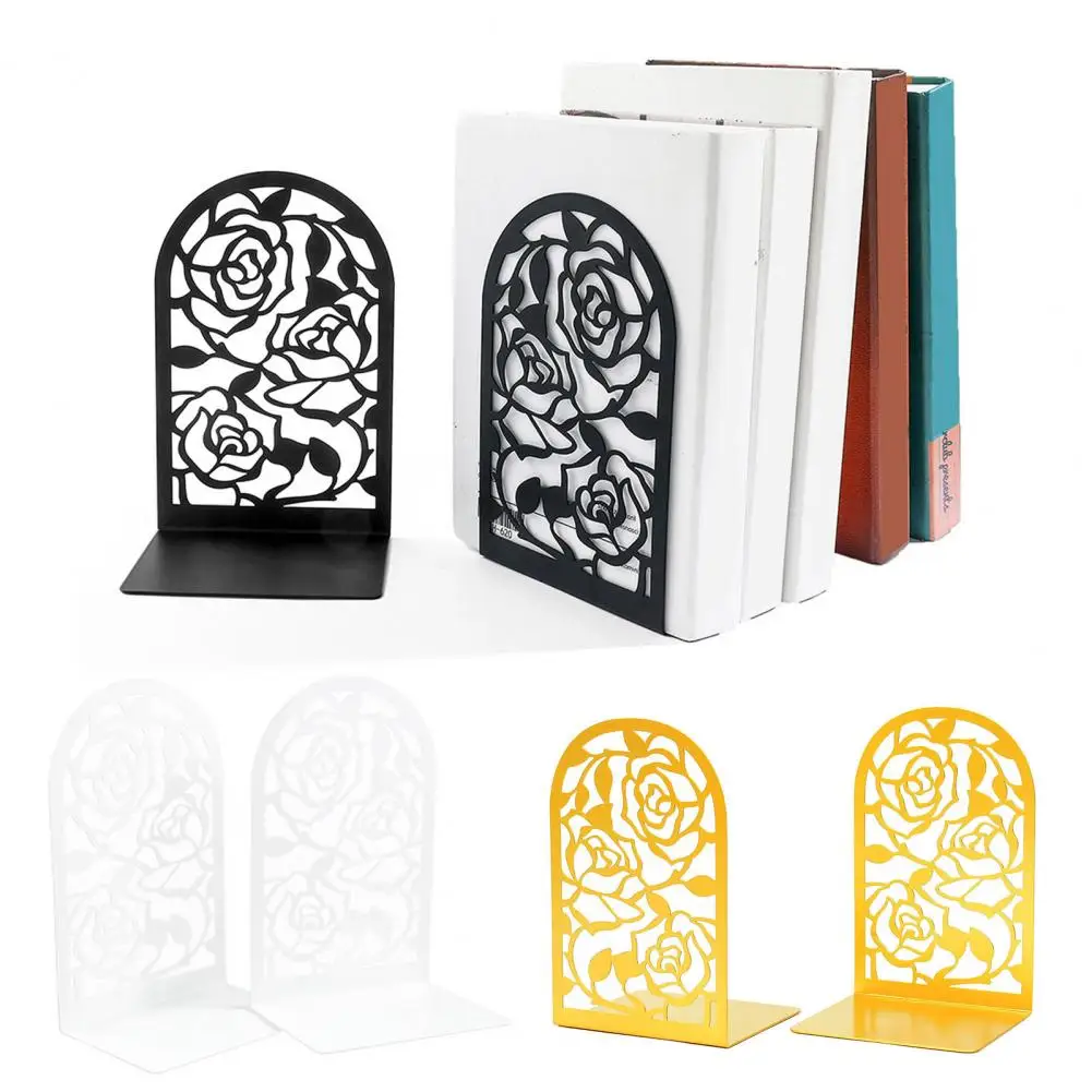 1/3 Pairs Metal Bookends Hollow Rose Flower Design Bookends Heavy Duty L-shaped Bookends Book Supports Non-Skid Book Stoppers