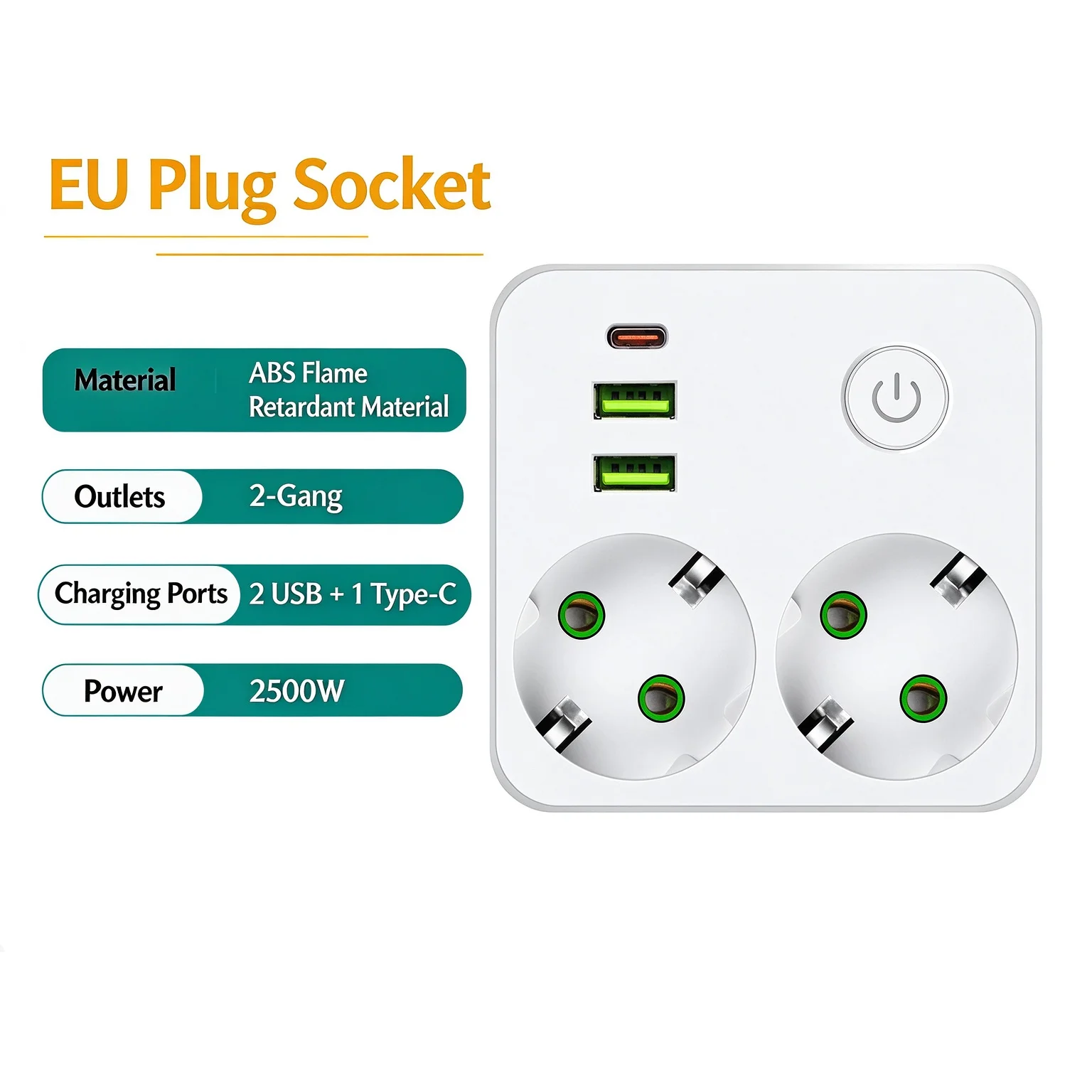 EU Plug Socket 2 Sockets Power Strip With 2 USB 1 Type-C Port Wall Power Strip Charger Adapter For Home Offices