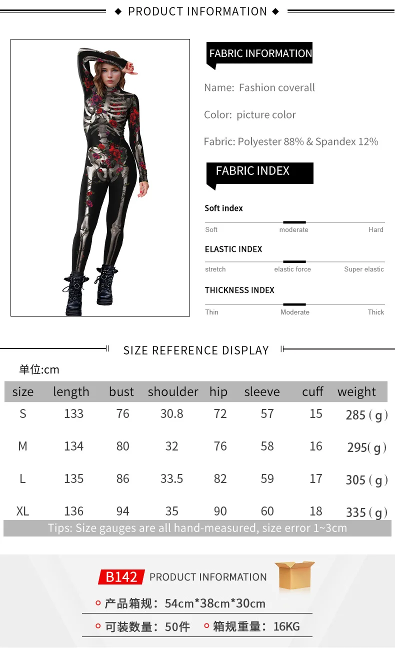 Halloween Skelett-Rosen-Druck Jumpsuit für Frauen, The Dead Cosplay Bodysuit, Sexy Zentai-Anzug, Karnevalsparty Bühnen-Morphsuit Neu – Detail 3
