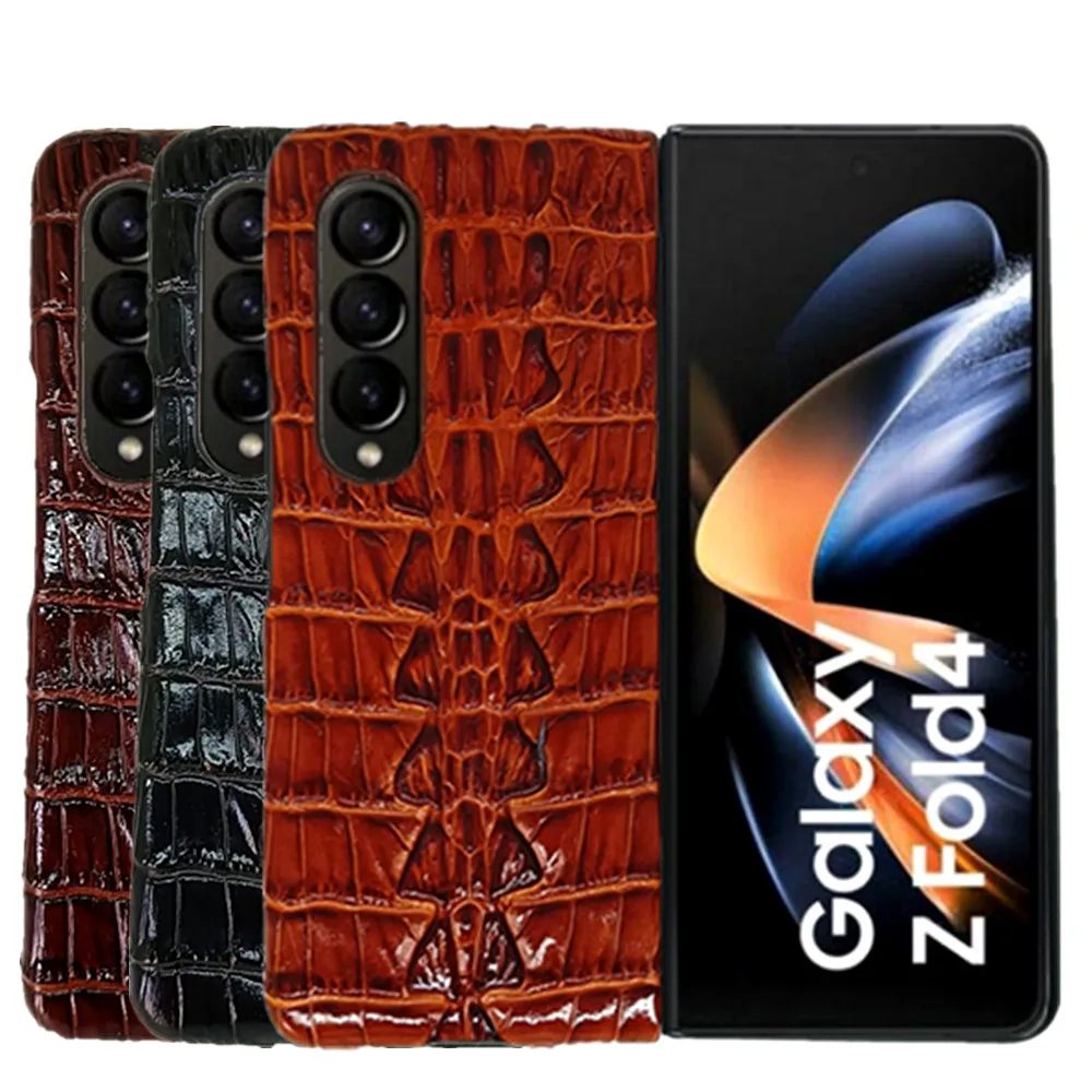 Genuine Cowhide Leather Phone Case for Samsung Galaxy Z Fold5 Fold 5 4 3 Classic 3D Crocodile Alligator Texture Armor Back Cover