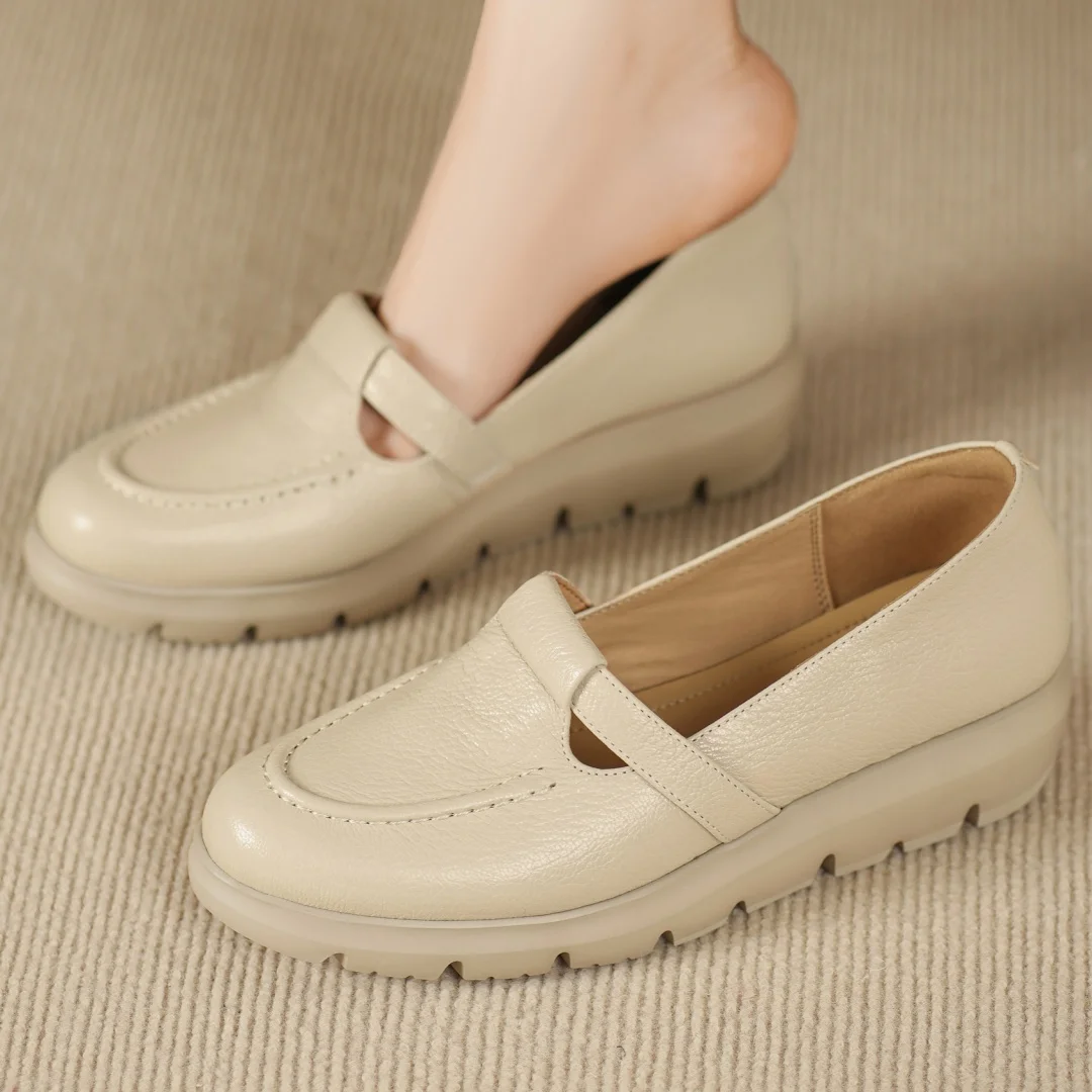 

Women's sheepskin round toe narrow band t-strap slip-on thick sole platform flats loafers soft comfort high quality moccasins 40