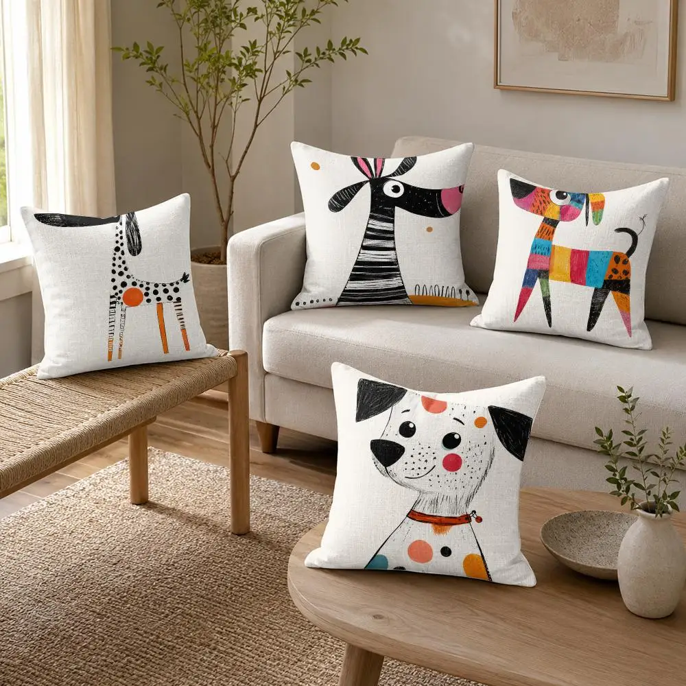 Whimsical Patchwork Dogs Cushion Cover Organic Linen Throw Pillow Cover - Double-Sided Print Breathable Cushion Case Home Decor