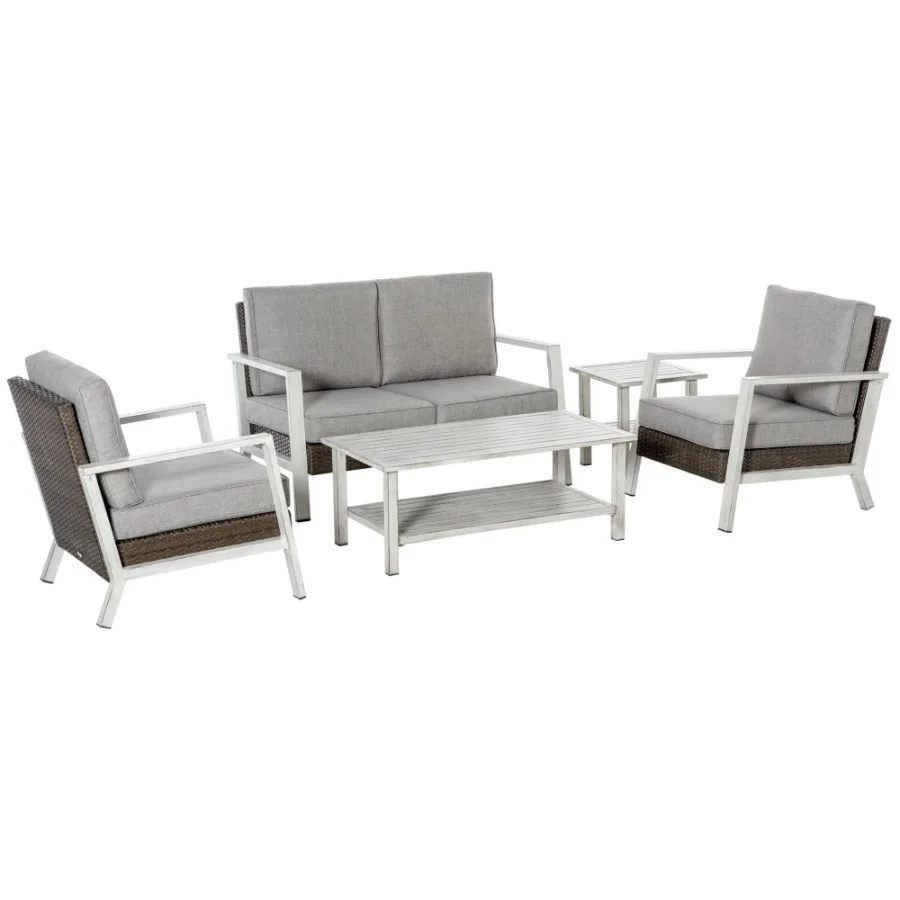 

Patio Wicker Haven: 5Piece PE Rattan Loveseat Set with Coffee Side Tables Beige Tranquil Outdoor Retreat.