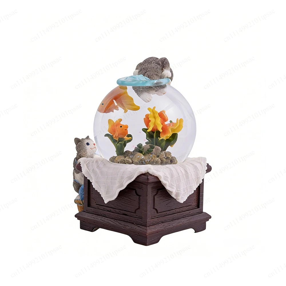 Rotating Resin Crystal Ball Music Box Cat Catfish Design Creative Home Decoration Art Jewelry