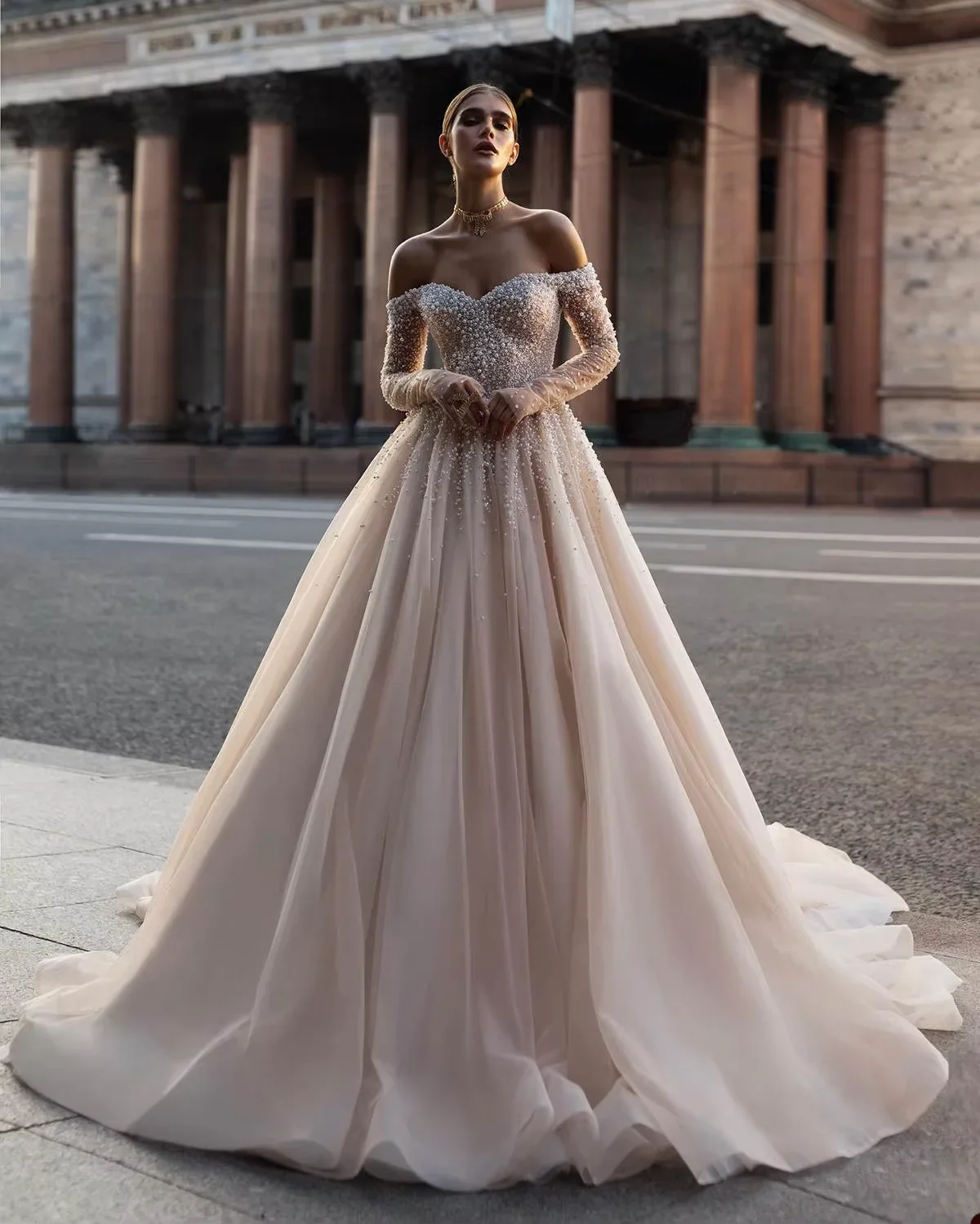 Customized Graceful  Pearls A Line Wedding Dress Beaded Sequins Off  Shoulder Bride Gowns Long Sleeves Train Bridal Dresses