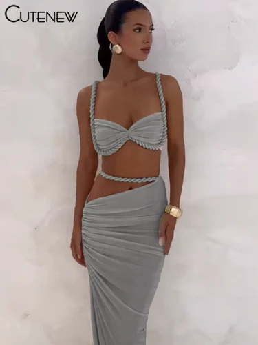 Cutenew-Conjunto de vacaciones Sexy de 2 piezas para Mujer, camisola corta plisada + falda larga de cintura alta, conjuntos lisos para Mujer