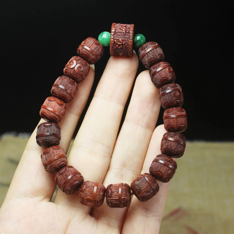 

Buddhist beads: Zambian small-leaf rosewood barrel beads bracelet, engraved with the Five Blessings mantra, a lifelong love