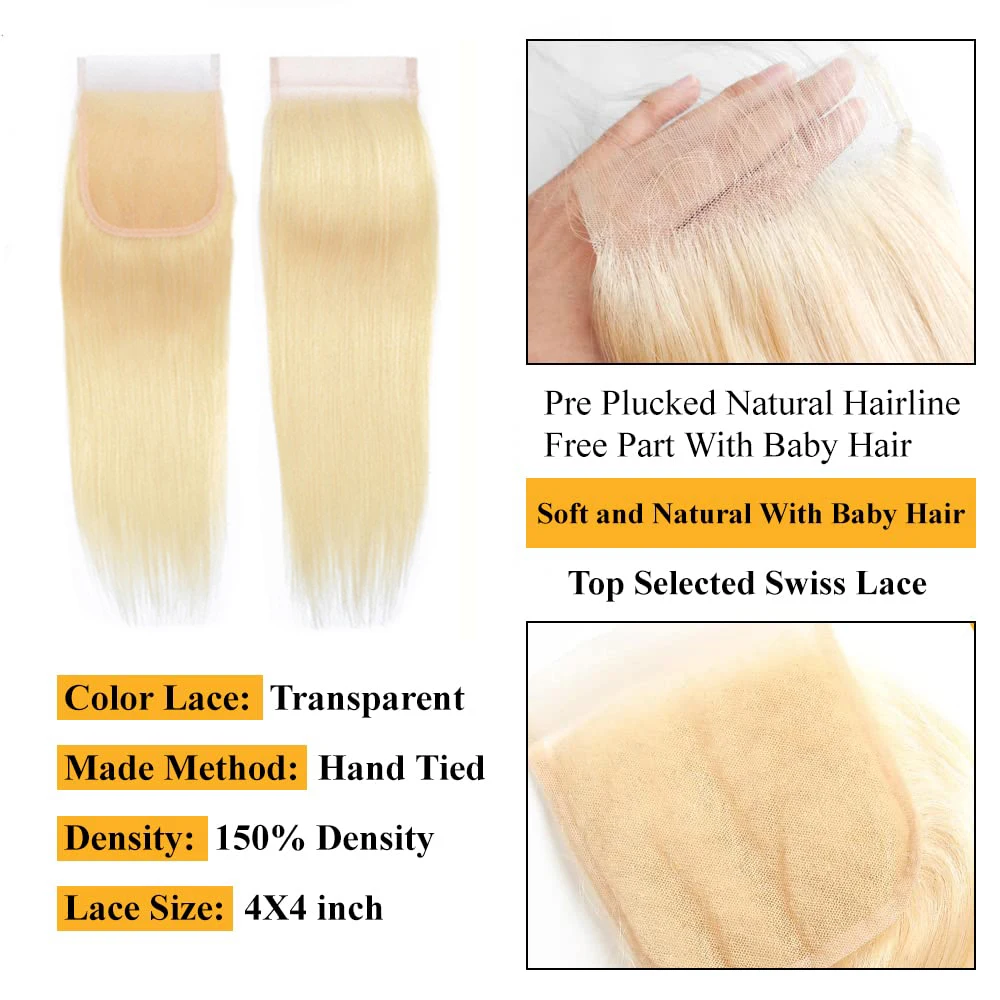 613 Closure Straight 4x4 Lace Closure Transparent Swiss Lace Brazilian Virgin Remy 100% Human Hair Extensions With Baby Hair