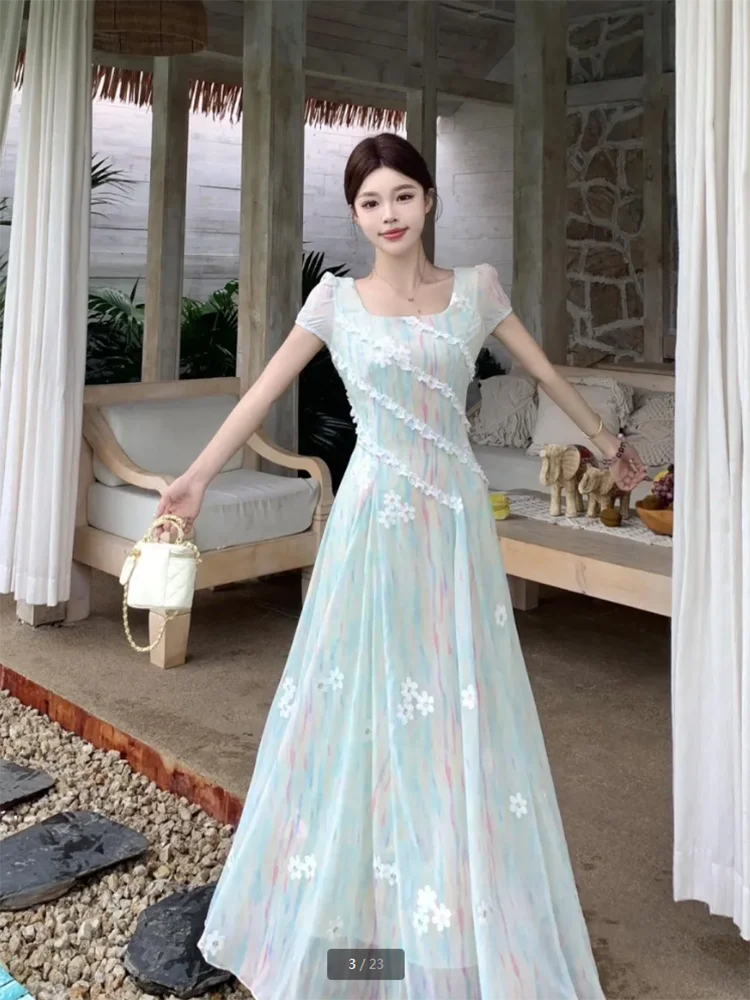 ภาษาฝรั่งเศสคําคุณภาพสูงชุดหวานผู้หญิง 2025 ฤดูร้อนใหม่แฟชั่น Chic พิมพ์ Slim ความยาวปานกลาง Pear Shape ชุดราตรี