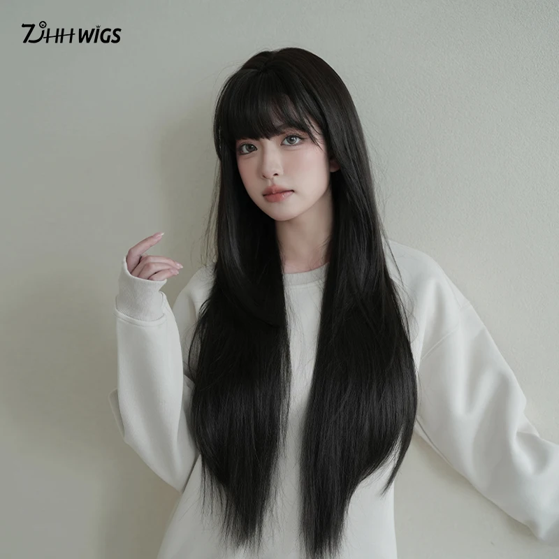 Routine Wig Long Straight Black Wig with Bangs High Density Synthetic Wigs for Women Daily Party Use Heat Resistant Fiber 31.49