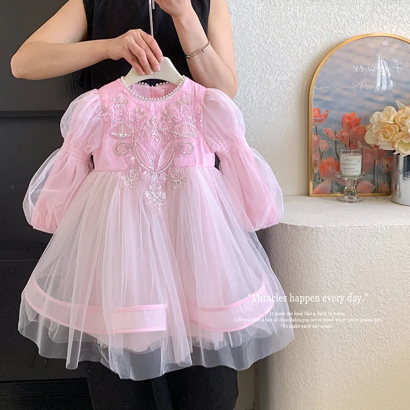 

High end girl princess dress with floral girl's birthday stylish children's palace style pearl dress