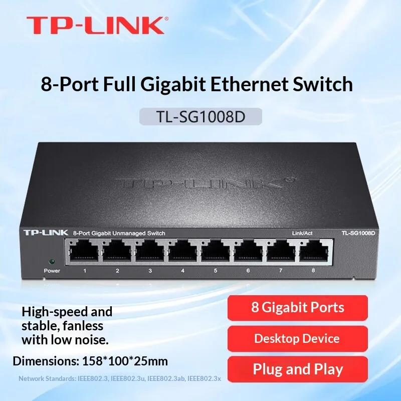 

TP-LINK 8-портовый гигабитный неуправляемый коммутатор TL-SG1008D, металлический корпус, настольный, Plug-and-Play, 1000 Мбит/с, Auto MDI/MDIX, для дома