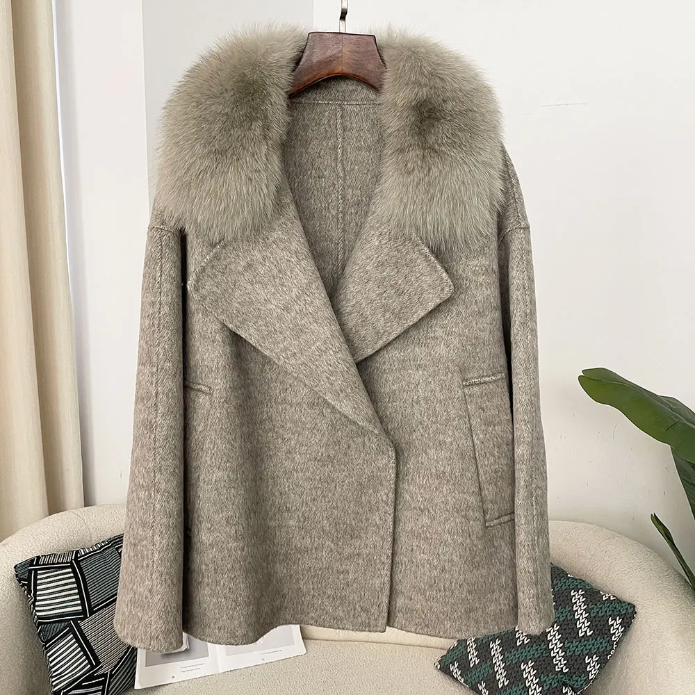 OFTBUY Cappotto di lana di fascia alta Cappotto da donna in cashmere double face con collo in vera pelliccia Giacca invernale da donna di lusso Abbigliamento caldo Autunno