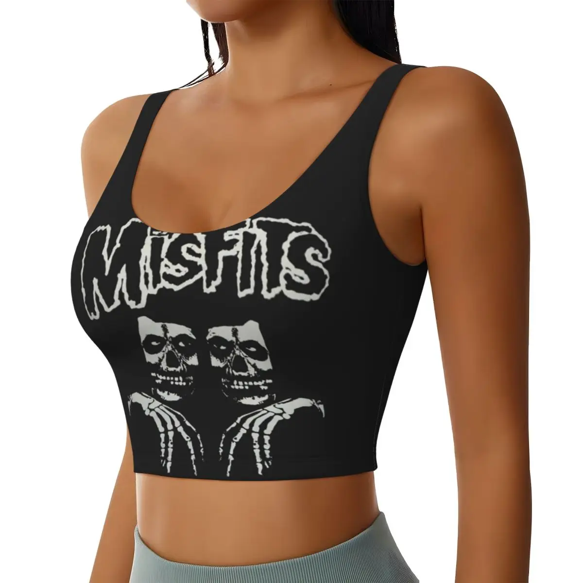 Custom Women's Misfits Horror Punk Rock Band Halloween Sports Bra High Impact Gym Workout Yoga Crop Tank Tops