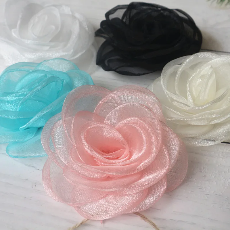 10PCS 8CM Artificial Flowers Head Organza Fabric Hairpin Corsage Wedding Dress Clothing Making Accessories Silk Flowers