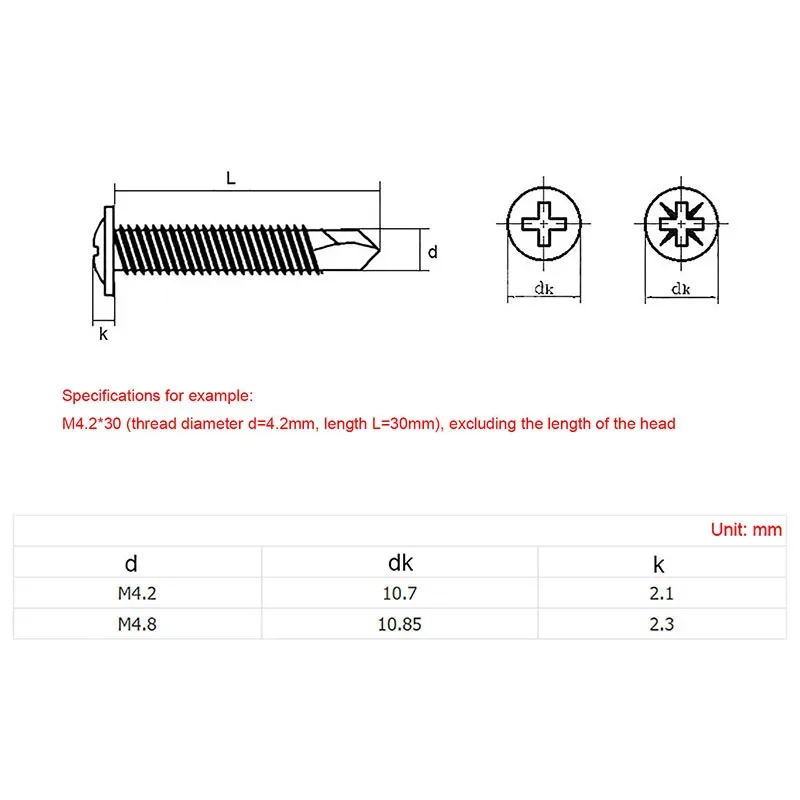 10/20Pcs 410 Stainless Steel M4.2 M4.8 Cross Large Pan head Drill Tail Self Tapping Screw Phillips Truss Self Drilling Screws