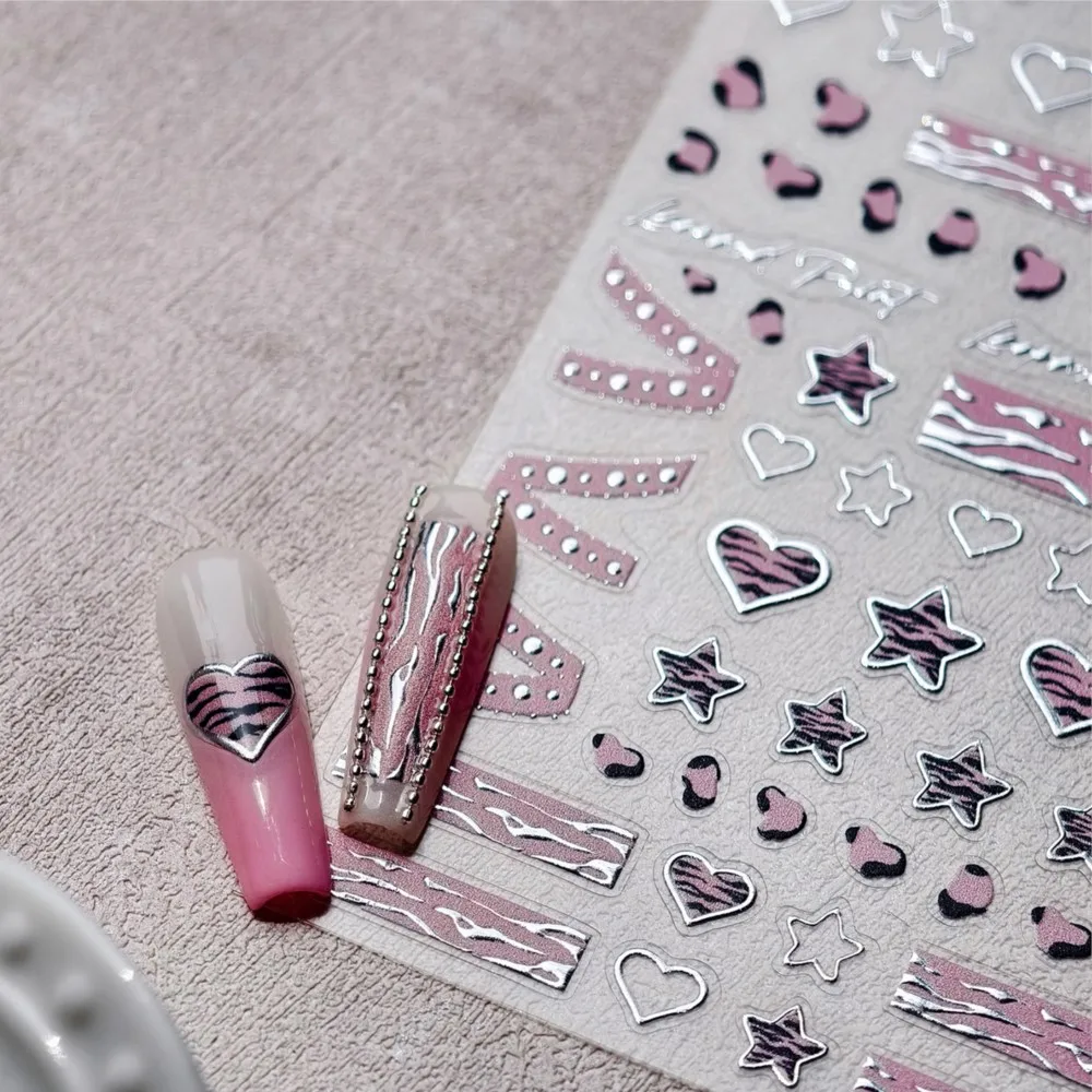 Naklejki na paznokcie 5D Różowy Leopard Hot Stamping Srebrne Serduszka Gwiazdki Koronka Kokardka Wstążka Manicure Sliders