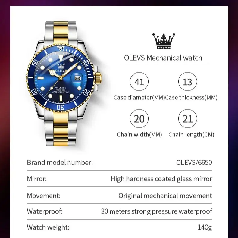 OLEVS 6650 Men Watch Top Luxury Diving Watch Automatic Mechanical Watch Fashion Rotating bezel Brand Men Watch Reloj Hombre