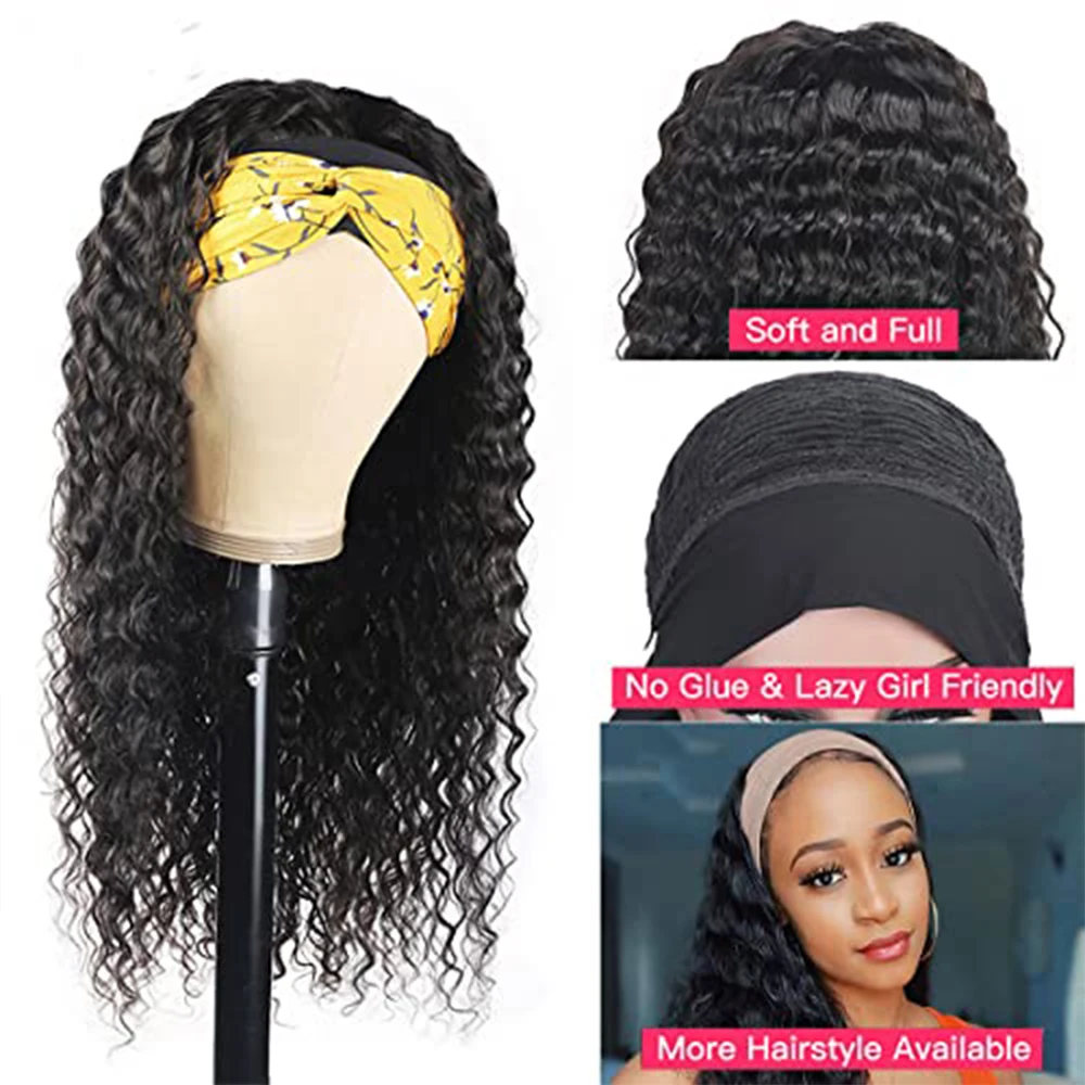 Deep Wave Headband Scarf Wig For Women Brazilian Remy Human Hair Wigs None Lace Full Machine Made Curly Wig 12-26 Inch