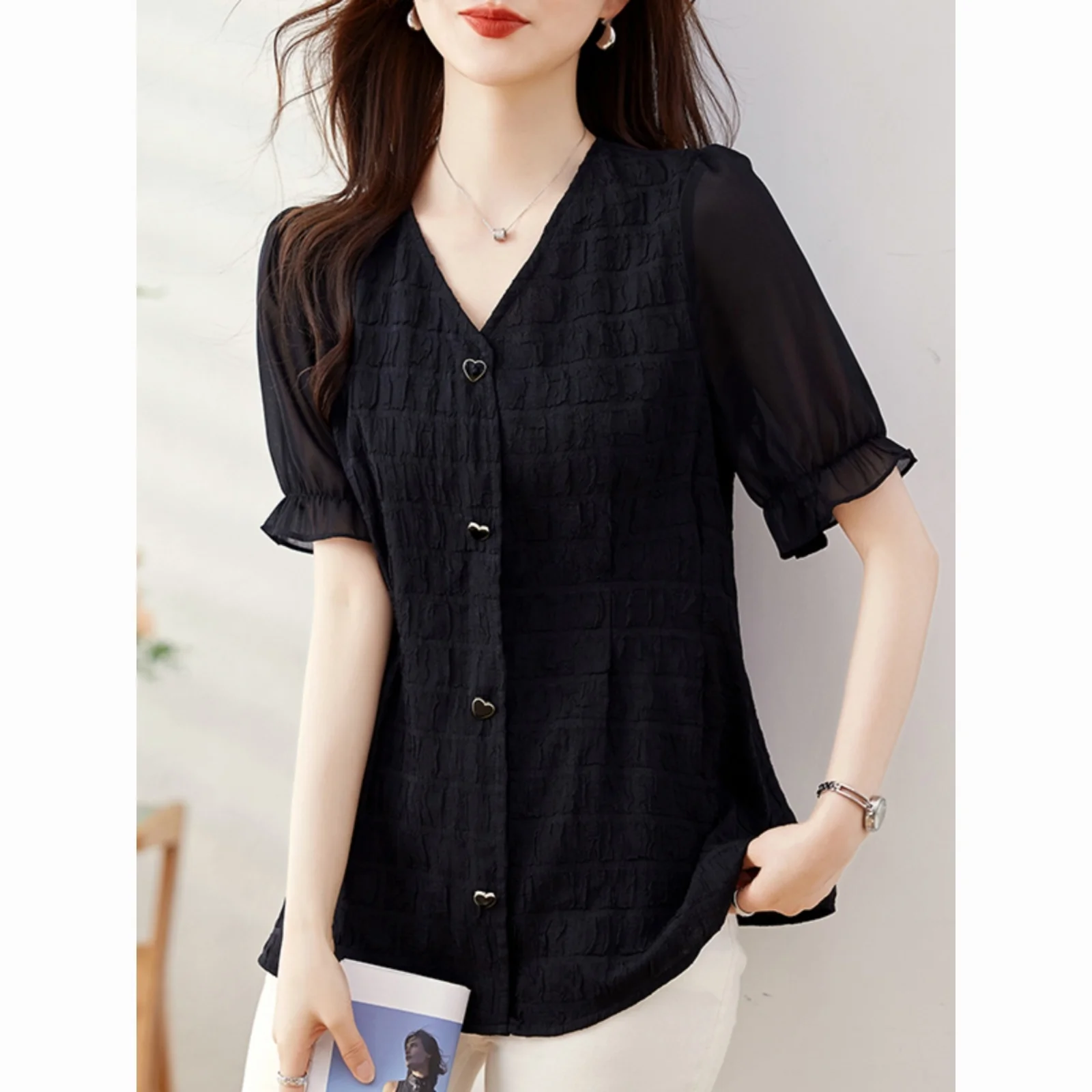 

Short Sleeve Shirts Womens Poplin Patchwork Pintuck Regular Art Museum Minimalist Modern Student Youthful Artistic Gathering