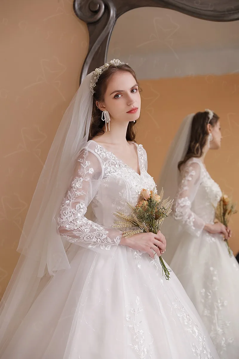 Vestido De novia moderno De manga larga para mujer, Vestido De baile De encaje De lujo con flores dulces, vestidos De boda con foto Real, nuevo, 2022