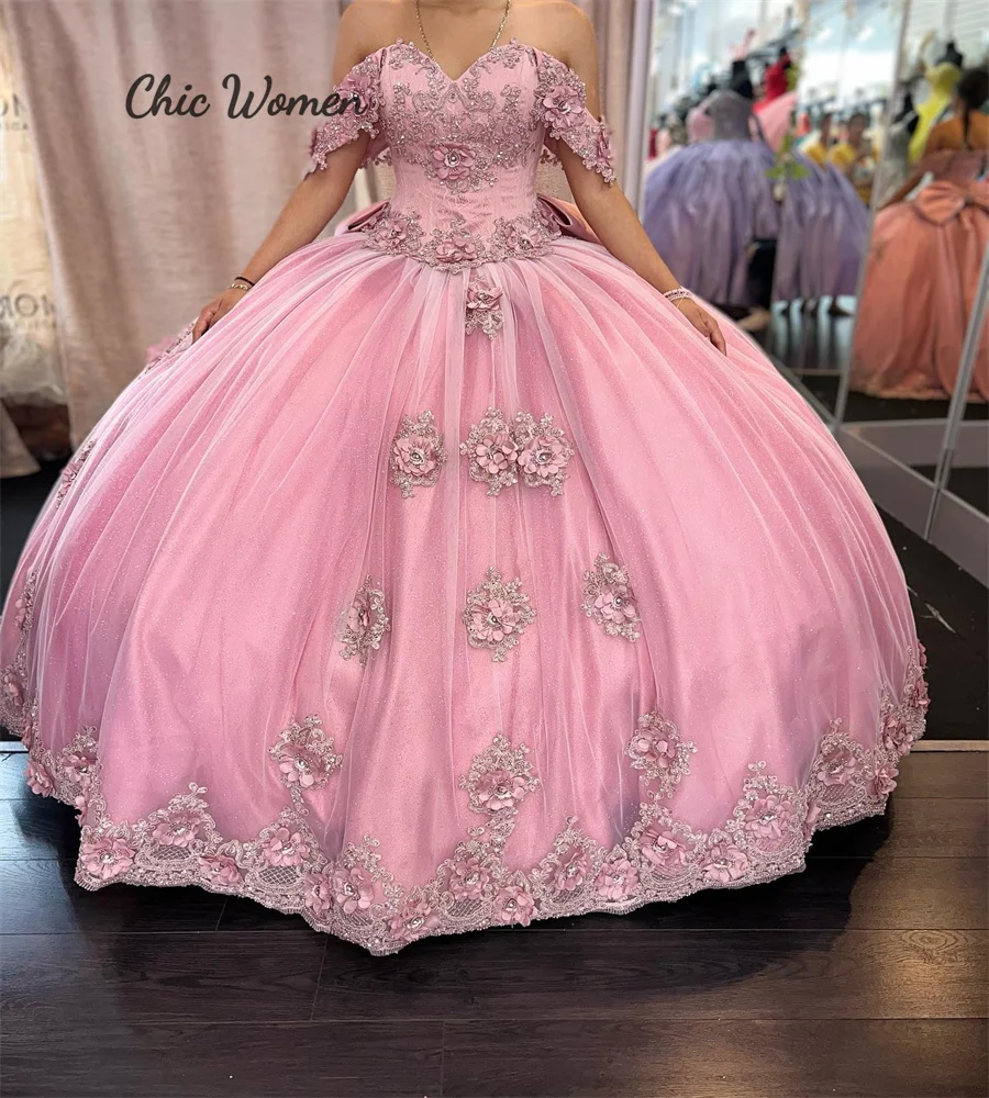 Романтические Розовые Платья с цветочным рисунком для Quinceanera 2023, бальное платье с открытыми плечами и бисером, милое платье на день рождения 15, корсет, женский