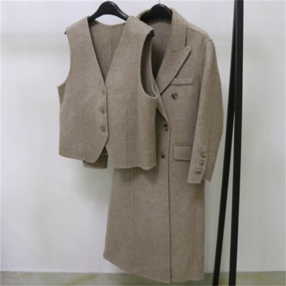 

Double-sided wool coat double-breasted long wool coat vest two-piece woolen jacket