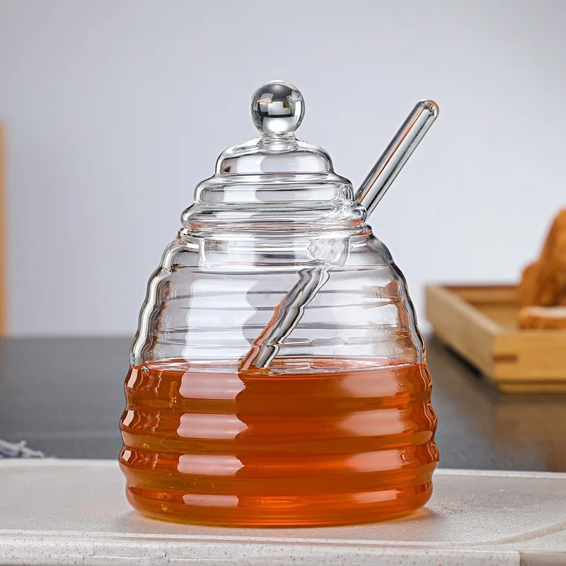 Household Transparent Glass Honey Jar with Lid Glass Stirring Stick Honey Bottle Creative Glass Transparent Jar Glass Container