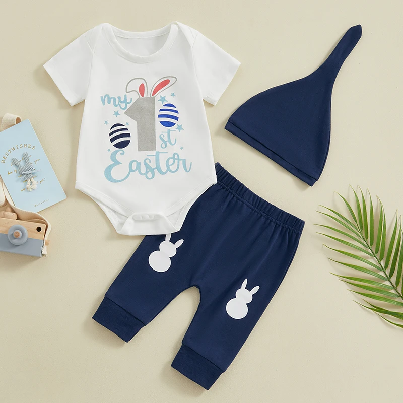 Baby Boy Easter Outfit Short Sleeve Letter Print Romper Elastic Waist Rabbit Print Pants Solid Color Hat Toddler 3 Piece Set