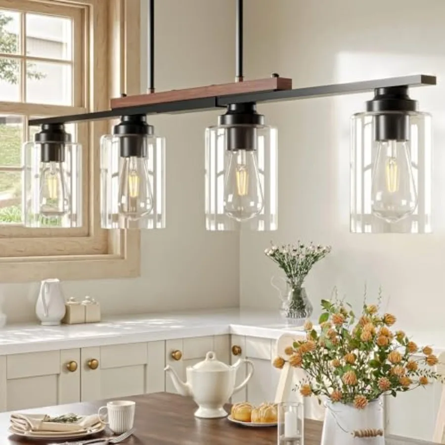 

Dining Room Light Fixture Over Table Kitchen Island Lighting with Glass Shade and Adjustable Rods Farmhouse Linear Chandelier P