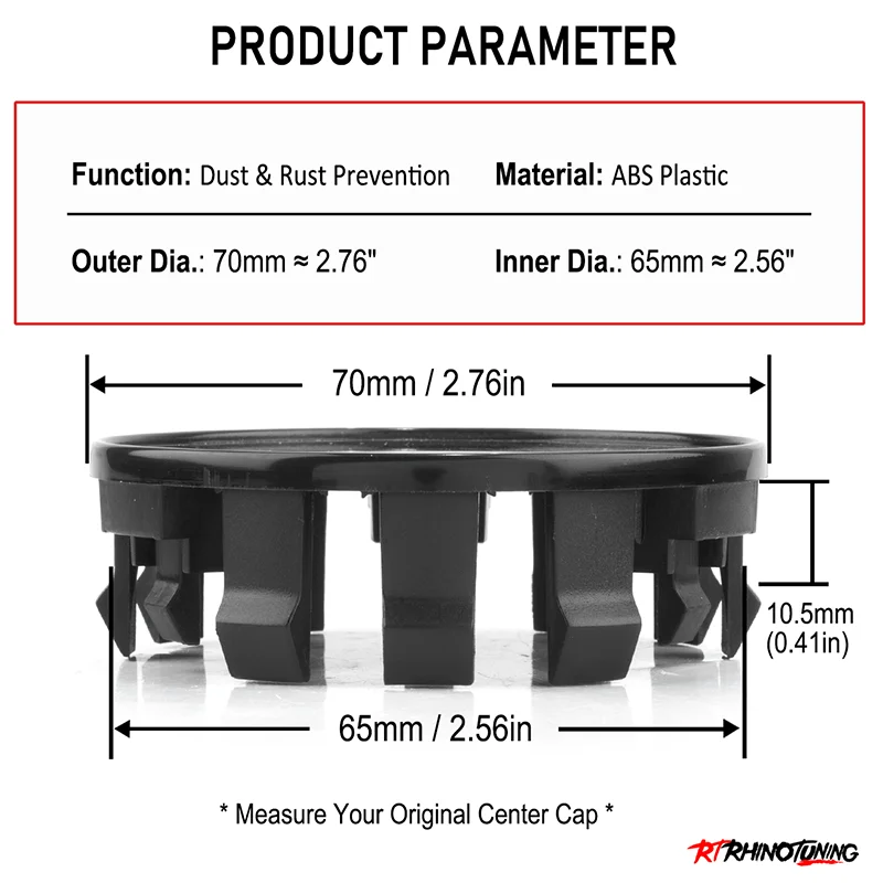 RhinoTuning 2/4PCS OD 70mm/2.76" ID 65mm/2.56" Wheel Rim Center Cap Fit 2004-2015 Xterra Armada 2005-2015 Xterra 40342-EA210 ABS view 2