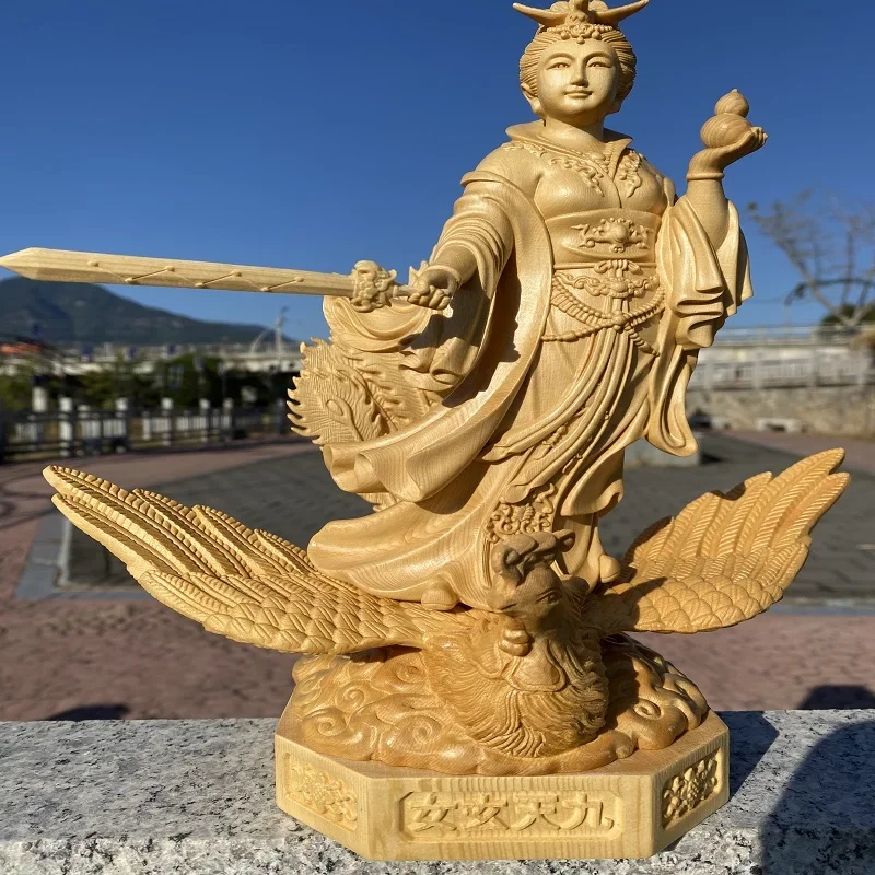 Hand Carved Juniper Wood Jiu Tian Xuan Nu Statue - Nine Heavens