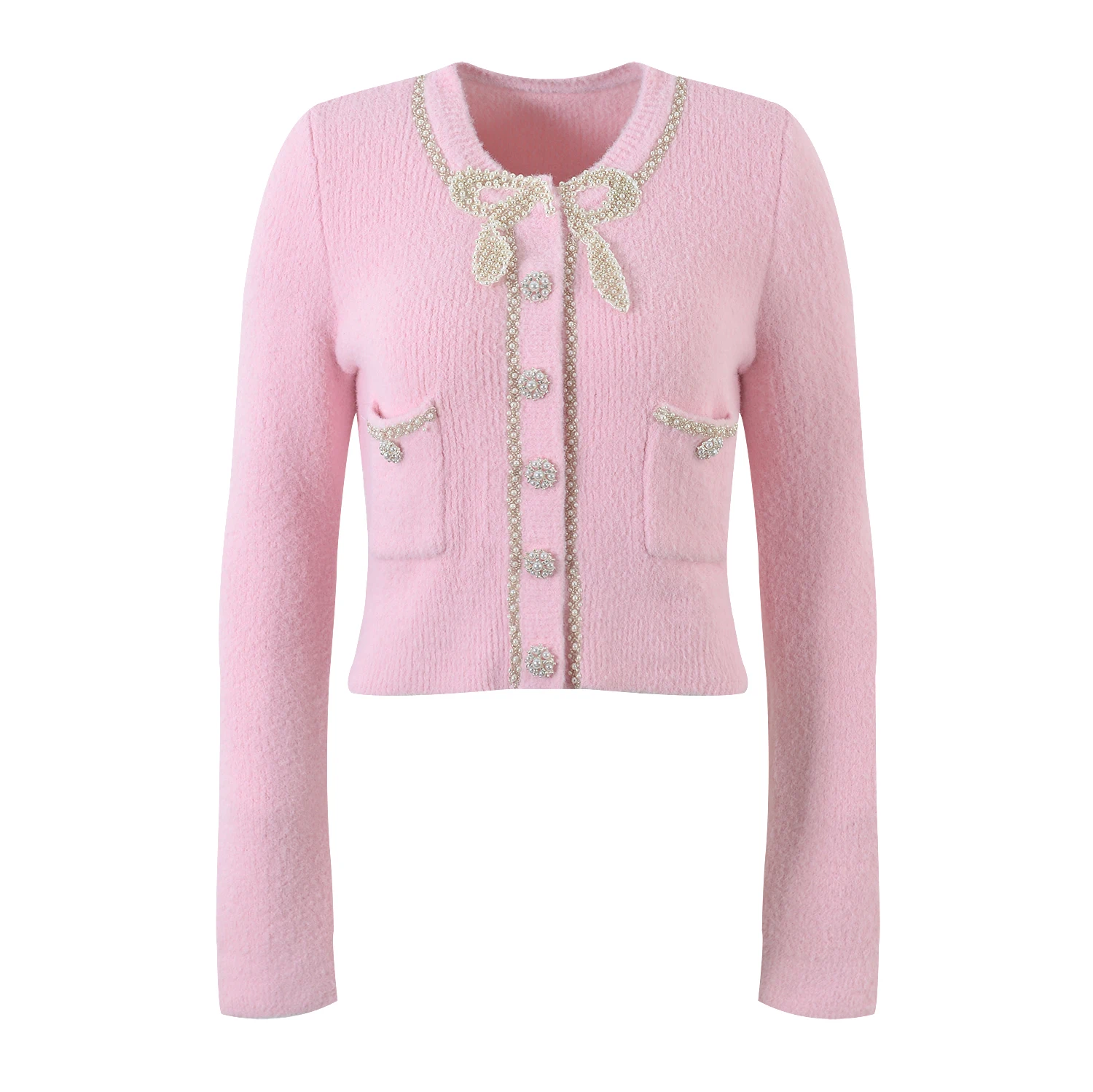 

High-End Version Pink Sweet Knot Bead Decorated Knitted Top Cardigan f-length Skirt Set Women's Faion Ensemble
