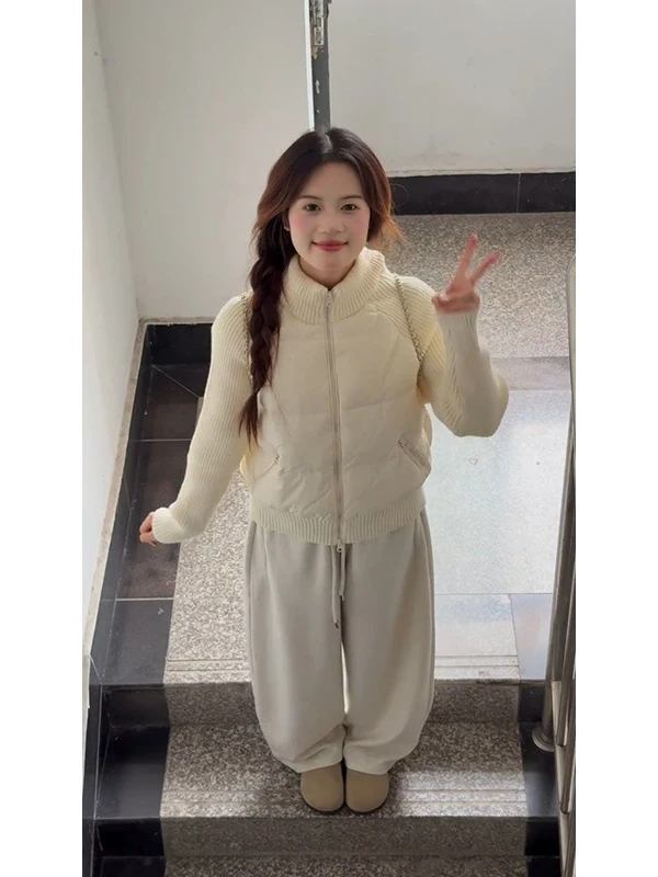 

Sweet Style Thickened Short Knitted Cotton Jacket Stand Collar Patchwork Winter Outerwear for Women College Fashion Zipper Cl...