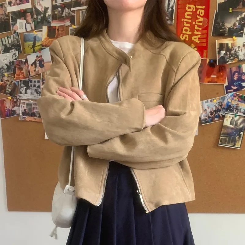 American Retro Deer Skin Velvet Long Sleeve Jacket Zipper Short Motorcycle Style Top for Women Autumn Fashion Ladies' Coat