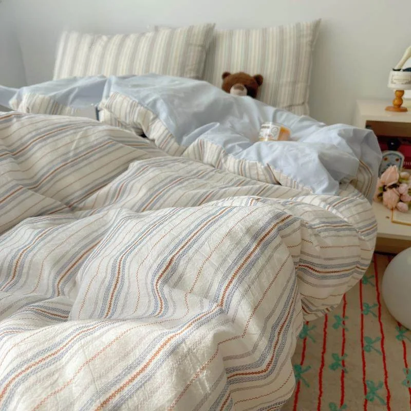 

Ultra-Soft Washed Cotton Stripe Bedding Set Modern Style Four-Piece Quilt Cover Sheet Dormitory Single Bed Three-Piece Set Light