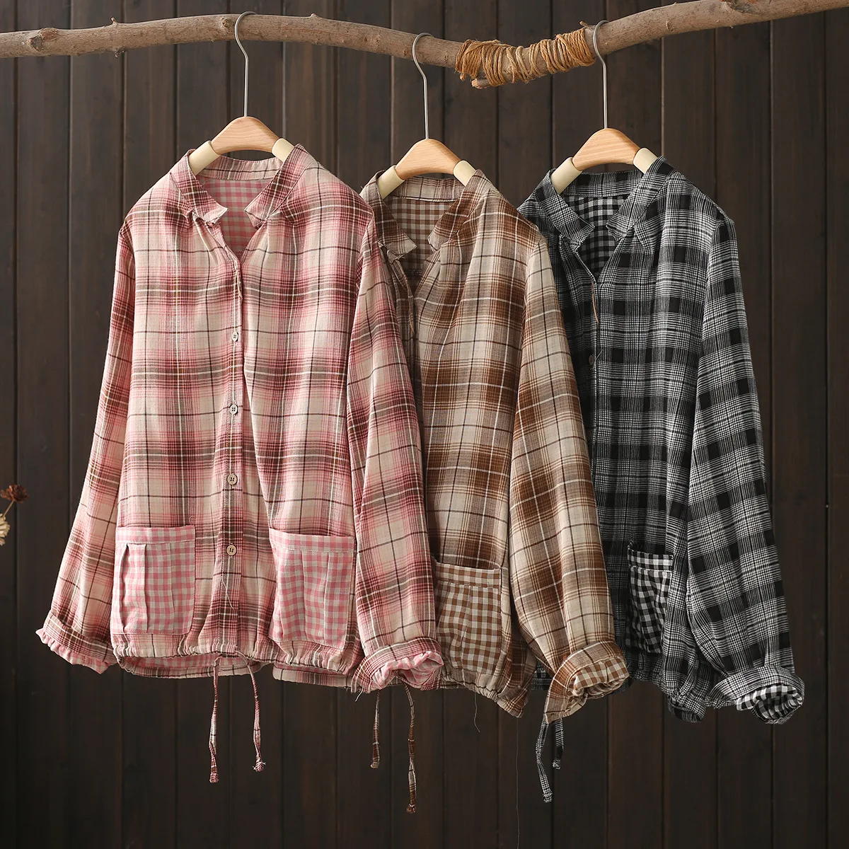 

2025 Autumn Korean style clothes vintage 100% cotton stand collar plaid shirts and blouses plus size middle aged women clothes