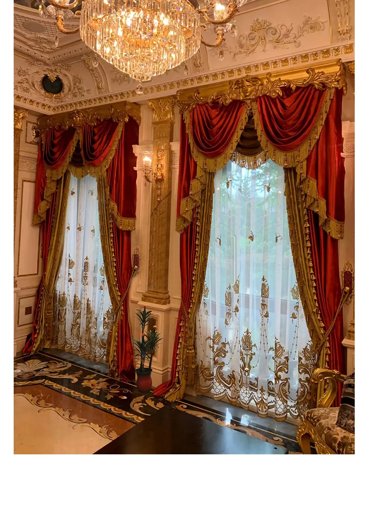 Gold Red Embroidered Window Screen Velvet Splicing Thickened Curtains for Living Room Bedroom French Balcony Villa Valance