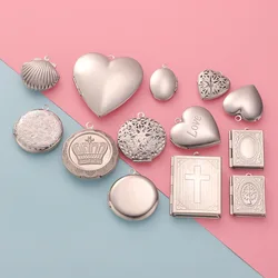 5pcs/Lot Stainless Steel Heart Round Square Book Photo Frame Locket Charms Can Open Picture Memory Pendant for Jewelry Making