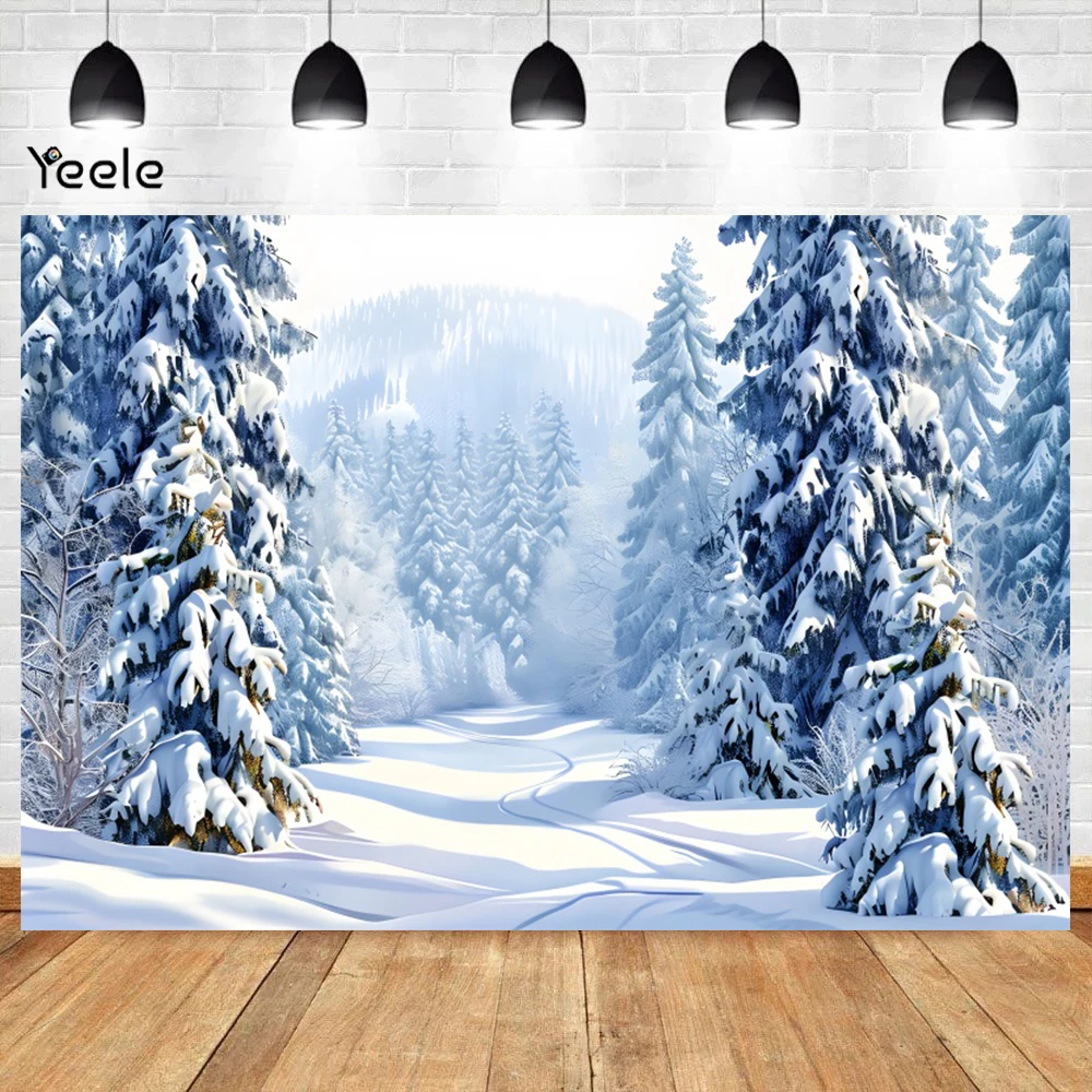 Winter Forest Snowy Background Iced Tree Branches Aurora Glacier Snow-covered Road Backdrop Christmas Decorations Photo Props