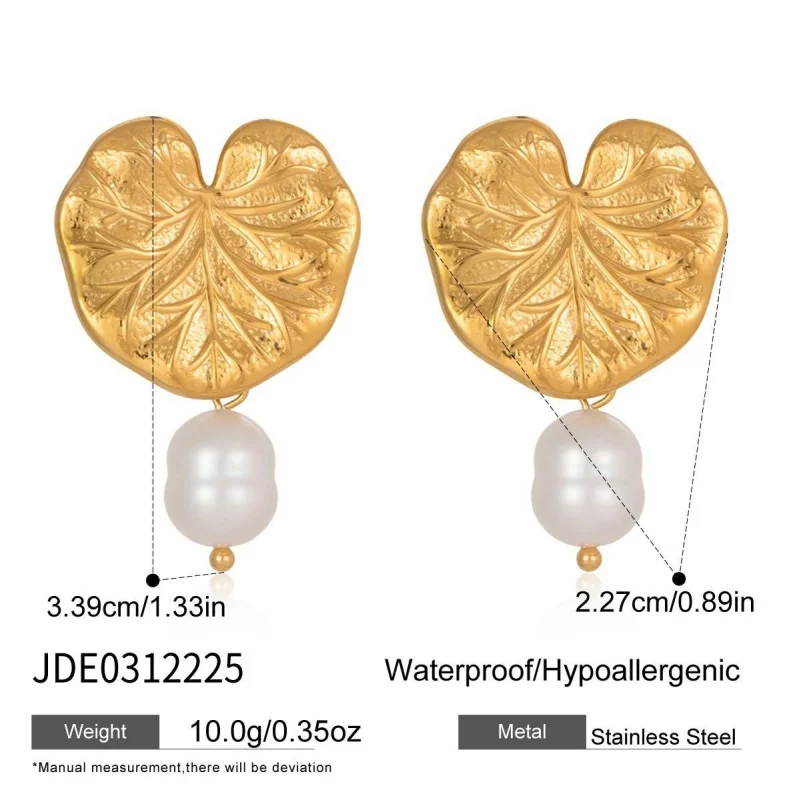 Gold Leaf Drop Earrings with Baroque Pearl Dangle Textured Metal Floral Earrings for Women Beach Party Daily Jewelry