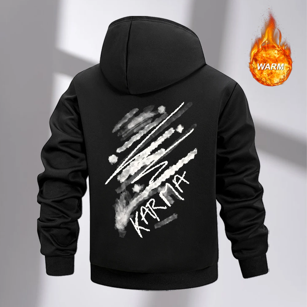 Men's Winter Thick Hoodies With Trendy Messy Graffiti Print Warm Zipper Sweatshirt Casual Street Style Fashionable Commute Top