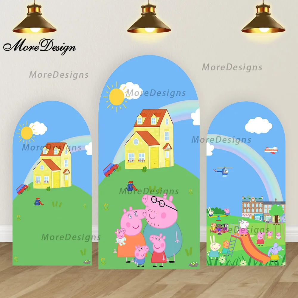 

Новый фон с изображением поросенка и арки из мультфильма, чехлы для семейного сезона 2, детский душ, день рождения, арочные чехлы, двусторонний реквизит для фотосессии