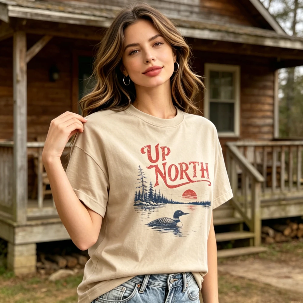 Lake Cabin Lover Gift T-Shirt Retro Up North Loon Sunset Forest Lake Print Top Northern Wilderness Outdoor Nature Casual Tee