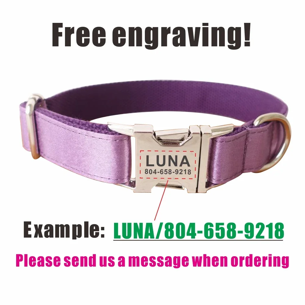 Personalized Dog Collar with Free Engraving, Matching Pet Leash,Customzied Contacts Metal Buckle, Shiny Purple Puppy Colalr