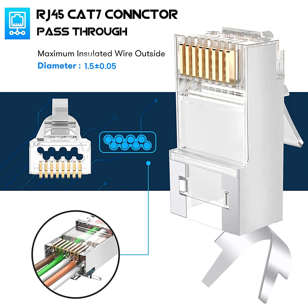 Hoolnx Cat7 Shielded RJ45 Pass Through connectors 3 Prong 8P8C 50U Gold Plated 2-Piece Pass Thru Modular Plug for FTP/STP Cable