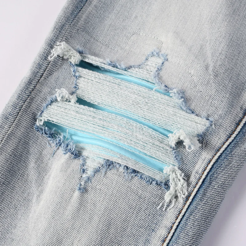Designer fashion new men's jeans perforated patch elastic slim fit light blue jeans hip-hop brand pants hombre