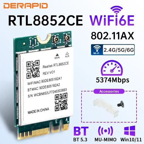 Imagen 1 del producto Adaptador WiFi 6E Bluetooth 5,3 de Triple banda, tarjeta receptora de señal inalámbrica de 5400Mbps NGFF M.2 para Windows 10/11 RTL8852CE como AX210
