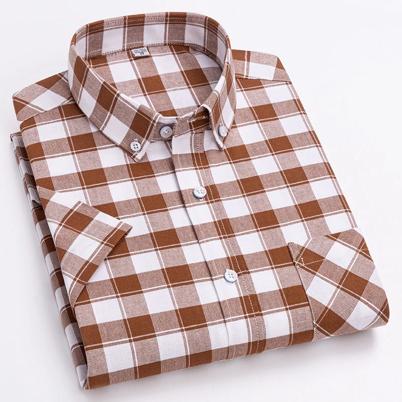 

New in shirt 100%cotton summer Short sleeve shirts for men slim fit casual striped plaid tops soft business office white clothes