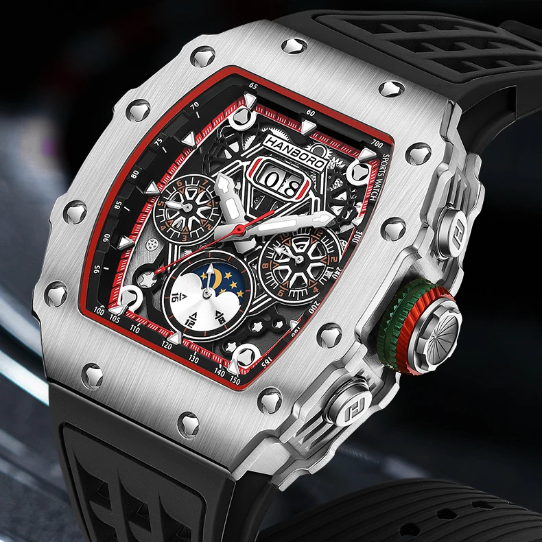 HANBORO, reloj automático para hombre, reloj de pulsera mecánico de 52mm, caja luminosa Tonneau, resistente al agua, multiesfera, mes, semana, fecha